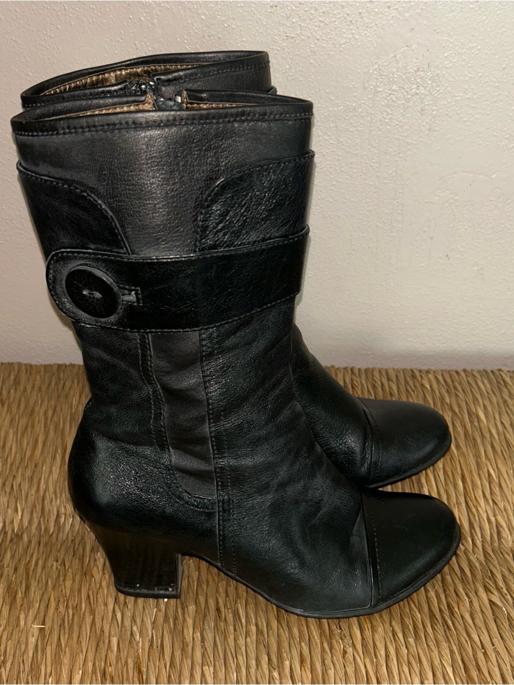 Born Black Leather Mid-Calf Heeled buckle moto riding boots